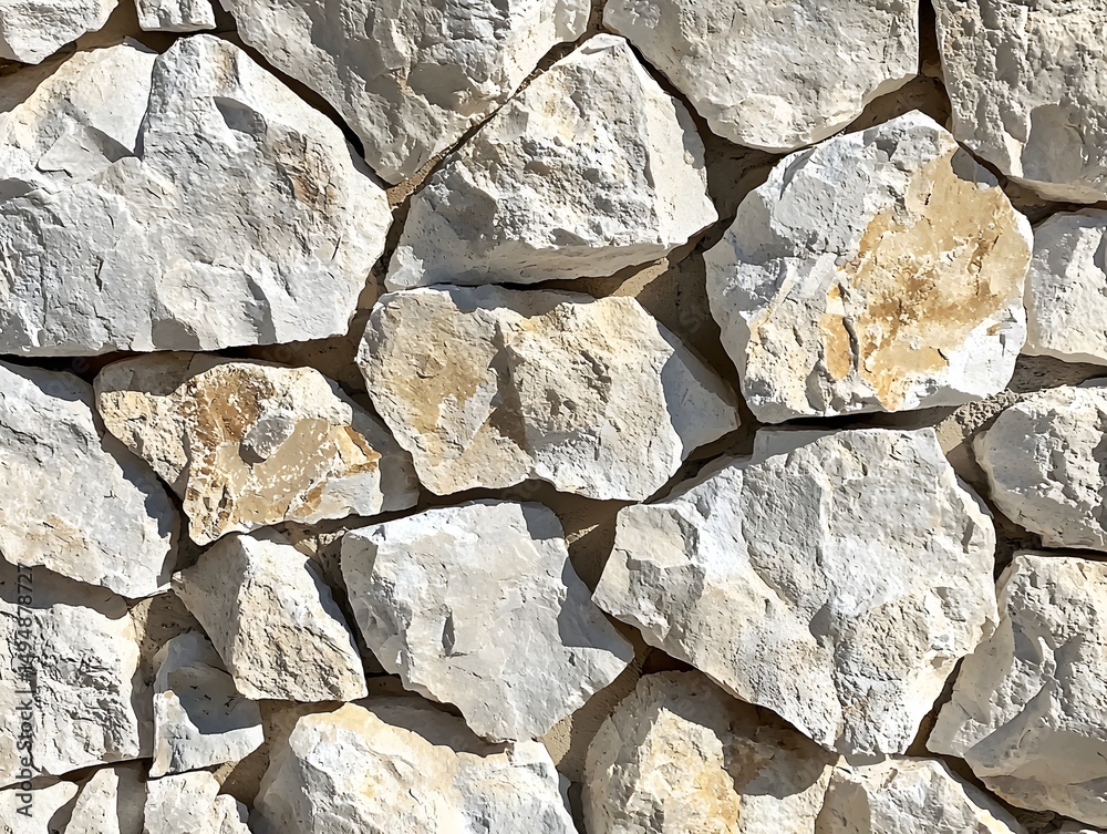 Fototapeta premium Photo of a rustic stone wall featuring various textured patterns and shades of brown and yellow