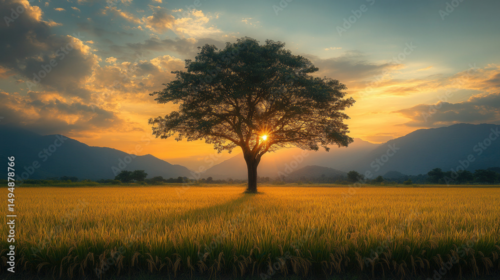 Obraz premium Lone tree standing in vast rice field at sunset