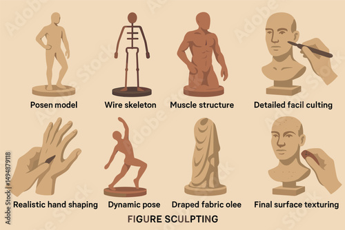 Figure sculpting icons set – flat, line art, anatomy and modeling essentials