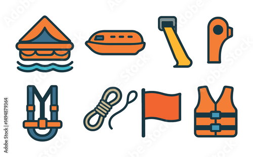 Safety and rescue flat icons set – emergency, equipment, protection symbols