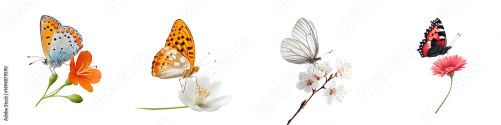 Obraz premium Vibrant butterflies resting on delicate spring flowers and blooming tree branches in a serene natural setting