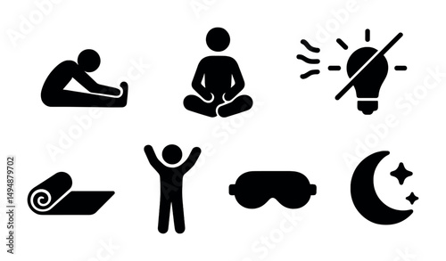 Yoga and meditation solid icons set – wellness, fitness, relaxation symbols