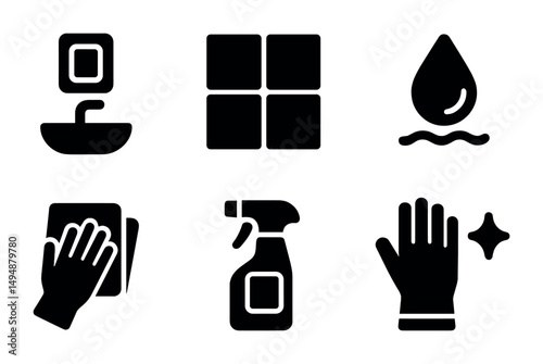Cleaning and sanitation solid icons set – filled, hygiene, maintenance symbols