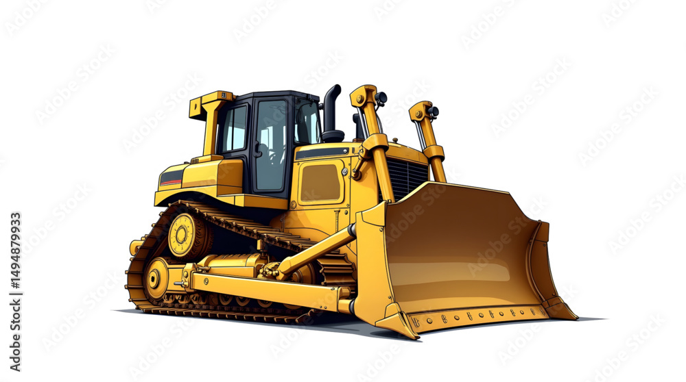 Fototapeta premium A magnificent yellow bulldozer in action at a bustling construction site. The powerful machine dominates the scene with its robust design and meticulously engineered components.