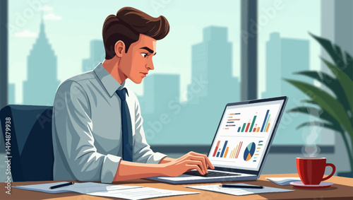 Businessman working on a laptop with analytical charts in an office setting, focused on financial data.