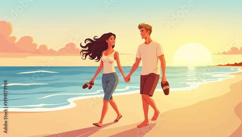 Couple walking hand in hand along the beach during sunset, enjoying romantic evening by the sea.