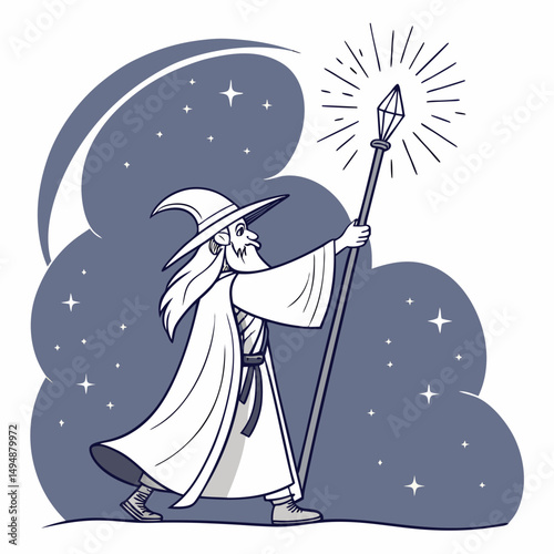 Mystical Wizard Fantasy Vector Art Under Starry Night Sky with Glowing Staff