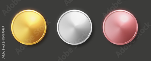 Shiny round award medals in gold, silver, and bronze. Realistic metal badge templates for sports or competition prizes. Vector set.