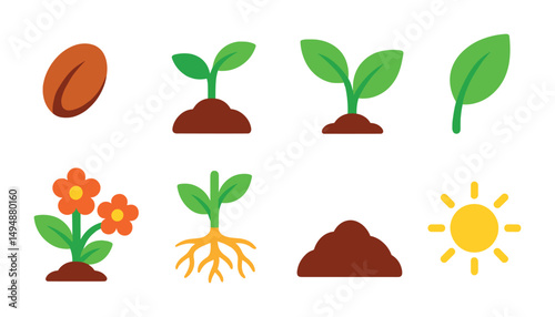 Gardening flat icons set – nature, plants, agriculture and cultivation symbols