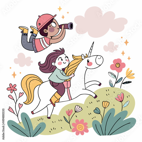 Whimsical fantasy scene of kids riding unicorns and flying through a magical land with sparkles, clouds, and colorful flowers.