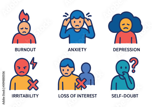 Mental health awareness icons set – flat, solid, emotional well-being symbols