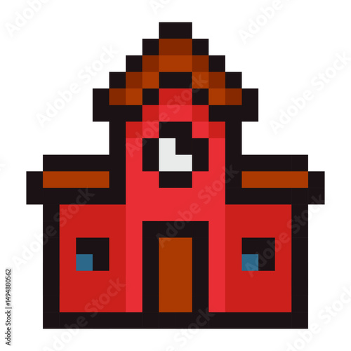 8 bit pixel art style red school building with a central clock tower and brown roof. A nostalgic retro style design ideal for educational materials, childrens content, games, apps, and BACK TO SCHOOL