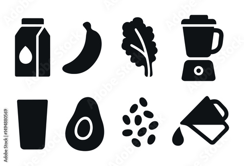 Healthy food and beverage solid icons set – nutrition, smoothie, vegan symbols