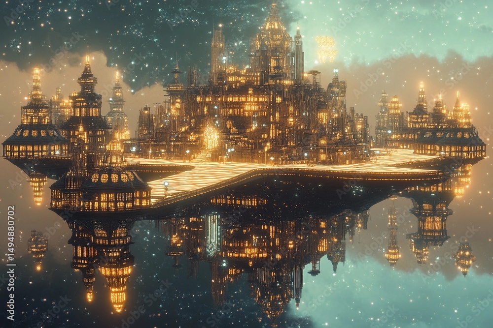 Obraz premium Floating city with geometric design illuminated at dusk above a tranquil landscape