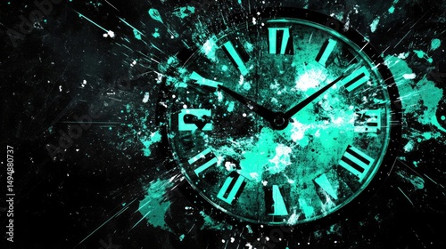 Abstract clock art with teal and black splatters, showing time's passage