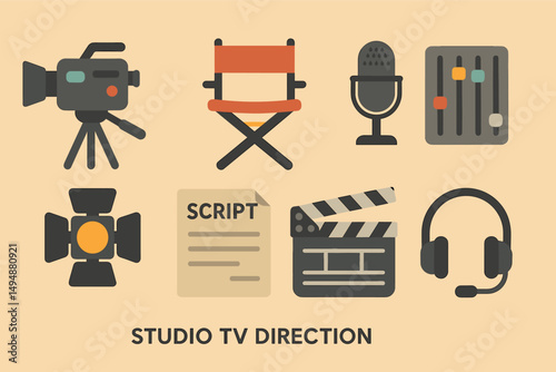 Film and media flat icons set – solid, filled, movie production symbols