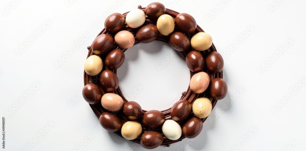 Obraz premium A chocolate egg wreath, glossy brown shells, white background , chocolate treat, springtime