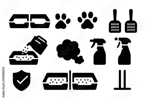 Pet care solid icons set – filled, silhouette, animal and grooming symbols