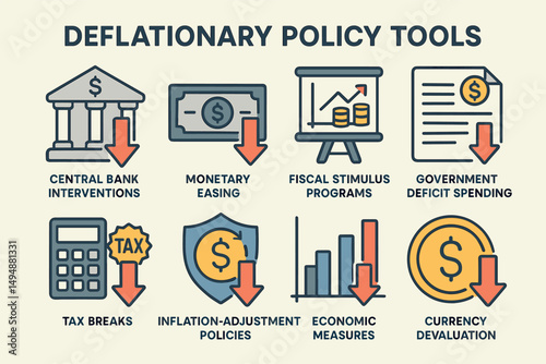 Deflationary policy tools icons set - outline, linear, economic symbols