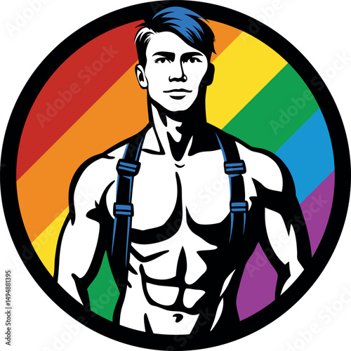 Gay guy with blue hair in blue harness with naked torso in circle. Round rainbow graphic LGBTQ symbol (vector)	