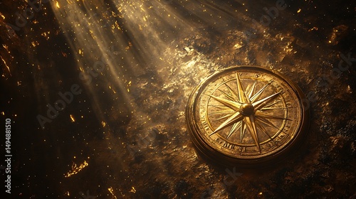 Antique golden compass shining brightly on the dark textured background