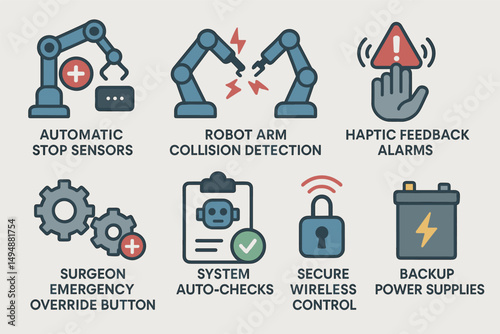Automation and safety flat icons set – industrial, robotic, control system symbols