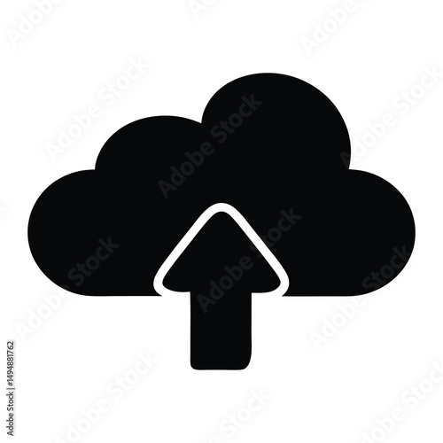 Simple black cloud with an upward arrow icon for data upload