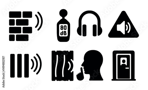 Sound and noise solid icons set – audio, music, and volume symbols