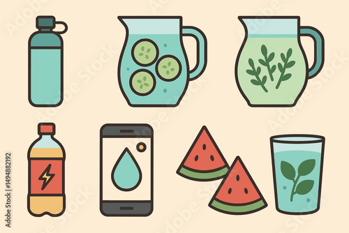 Beverage and refreshment icons set – flat, outline, drink and hydration symbols