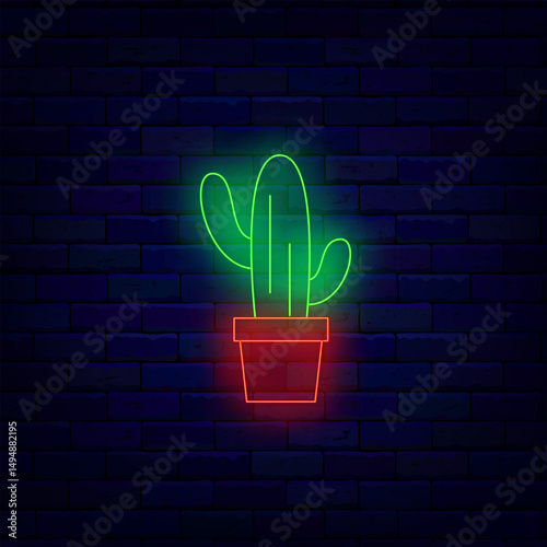 Cactus neon icon. Domestic plant. Flower shop. Desert succulent. Tequila drink. Vector stock illustration