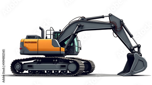 A meticulously rendered excavator at a bustling construction site. Every detail of the heavy machinery is captured with technical precision and artistic flair. Vector design illustrasi.