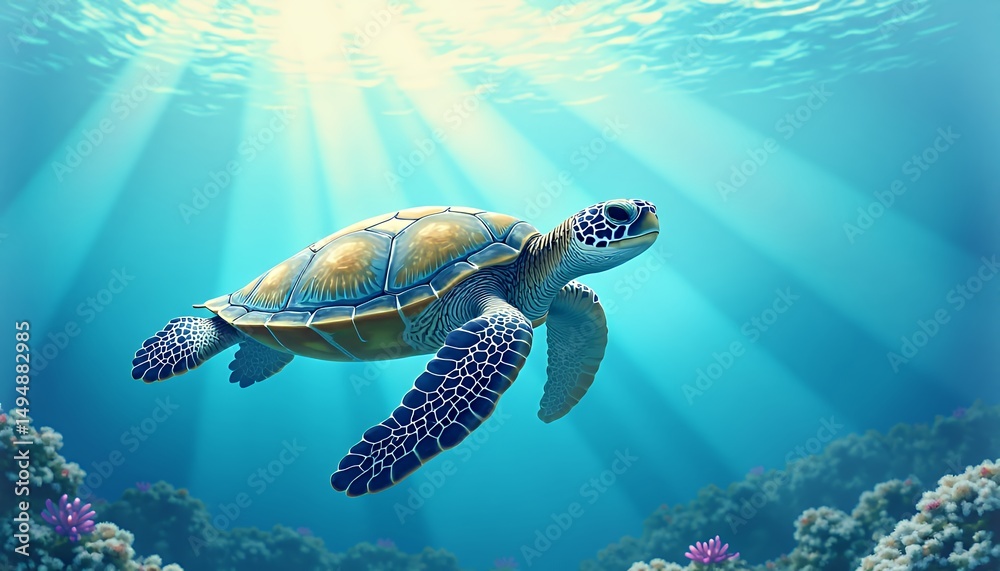 Fototapeta premium Sea Turtle Swimming Gracefully in Ocean with Sunlight Rays