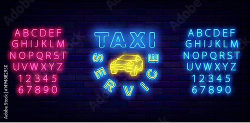 Taxi service neon emblem. Public auto transportation. Shiny blue and pink alphabet. Vector stock illustration