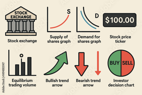 Stock market flat icons set – trading symbols, financial graphs, investment tools
