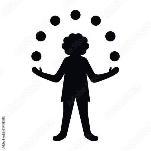 Silhouette of a clown juggling several balls in a dynamic performance