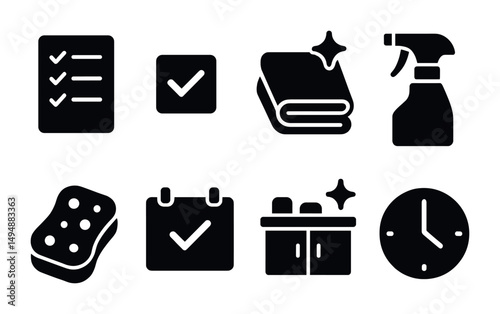Cleaning and chores solid icons set – silhouette, filled, household and task symbols