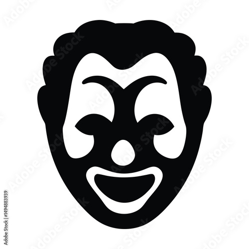 Minimalist black and white cartoon clown face illustration with wavy hair