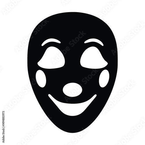 Monochrome illustration of an expressionless comedy mask with slightly closed eyes