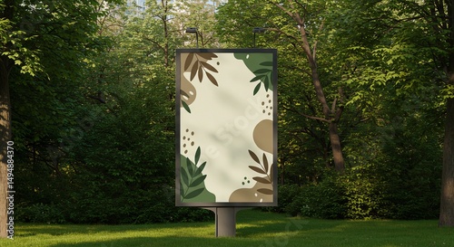 Vertical Billboard in Park with Botanical Design - Green Ad Space Template