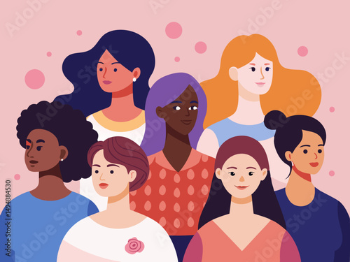 Empowered multiracial female figures with bold text for 8 March Women’s Day celebration graphic