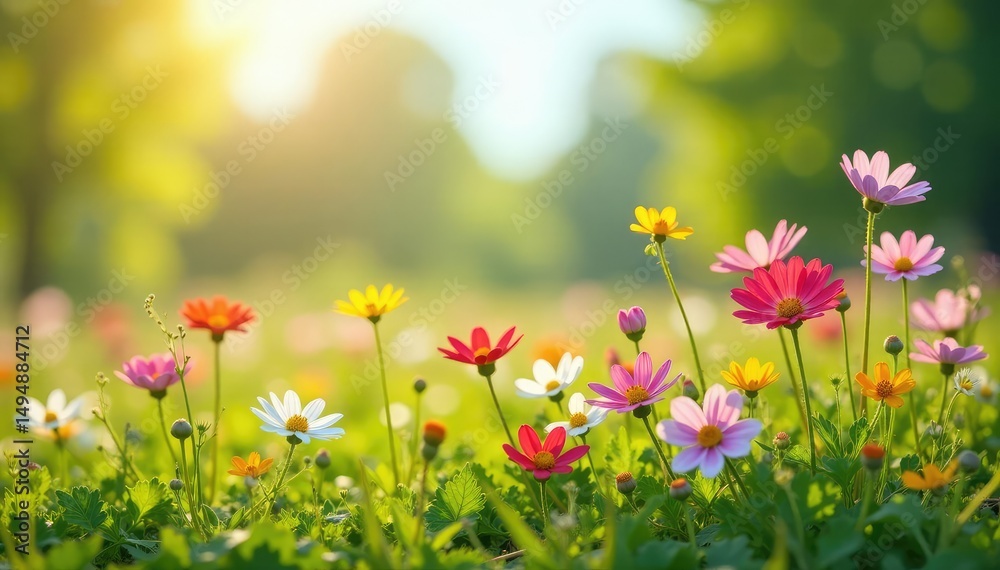 Fototapeta premium Vibrant wildflowers in a sun-drenched meadow, perfect for spring themes , summer, floral