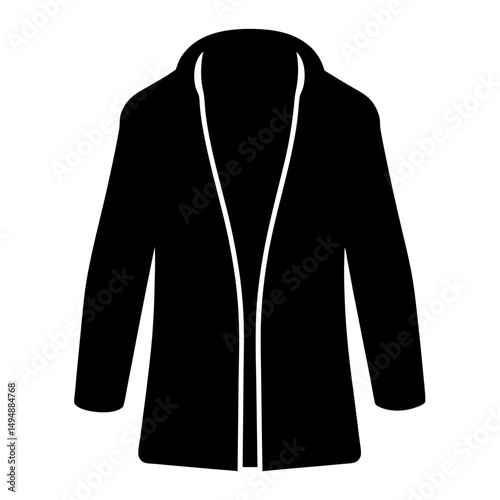 Black open front cardigan or coat silhouette with a rounded collar design
