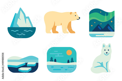 Arctic wildlife flat icons set – nature, tundra, polar environment symbols