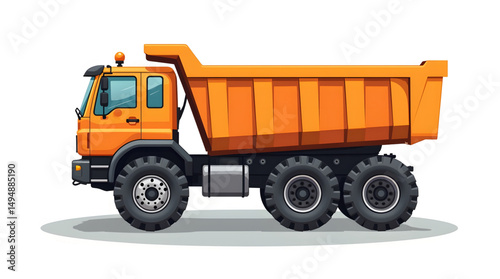 A large orange dump truck dominating the industrial worksite. It is a prime example of modern heavy machinery designed for demanding construction and excavation tasks. Vector design illustrator