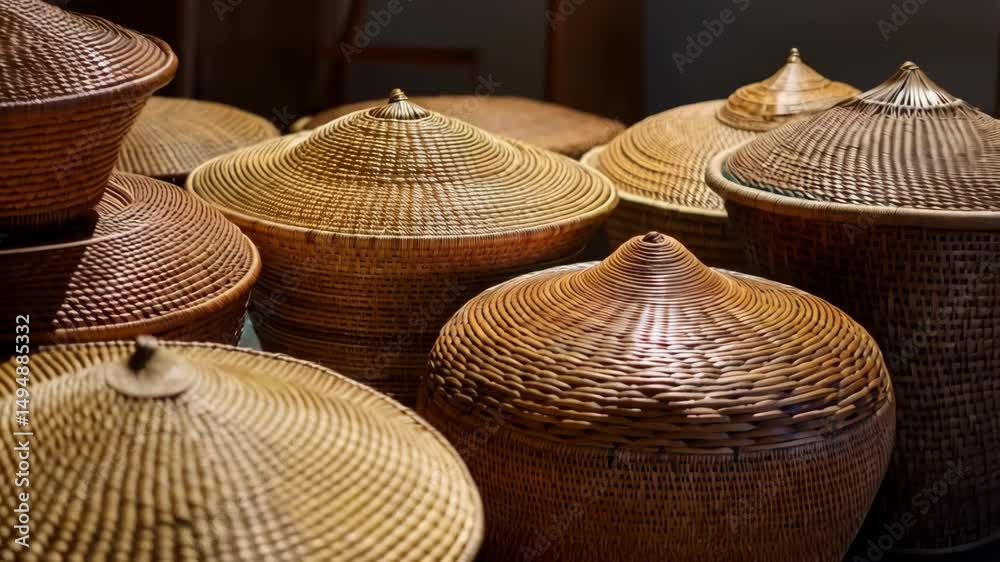 Handwoven wicker baskets on display with lids and circular patterns in warm golden brown tones, showcasing craftsmanship and texture.