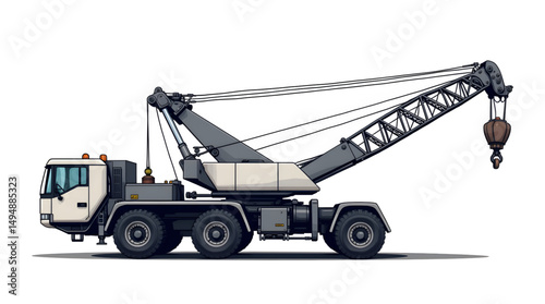 A mobile crane in action at a bustling construction site. The impressive machine is firmly mounted on a custom truck chassis, demonstrating advanced engineering and a robust mechanical design.