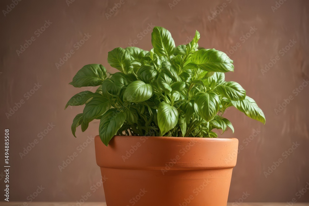 Fototapeta premium A vibrant basil plant in a terracotta pot, isolated , summer, spice, kitchen herb