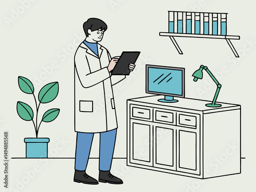 Clean Laboratory Workspace with Researcher Holding Tablet and Shelves of Colorful Glassware