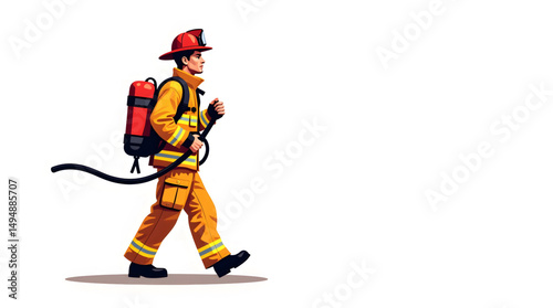 A firefighter dressed in full protective gear, including a bright yellow fire suit with reflective stripes, a red helmet, and black boots. Vector design illustrator
