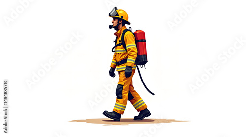 A firefighter dressed in full protective gear, including a bright yellow fire suit with reflective stripes, a red helmet, and black boots. Vector design illustrator